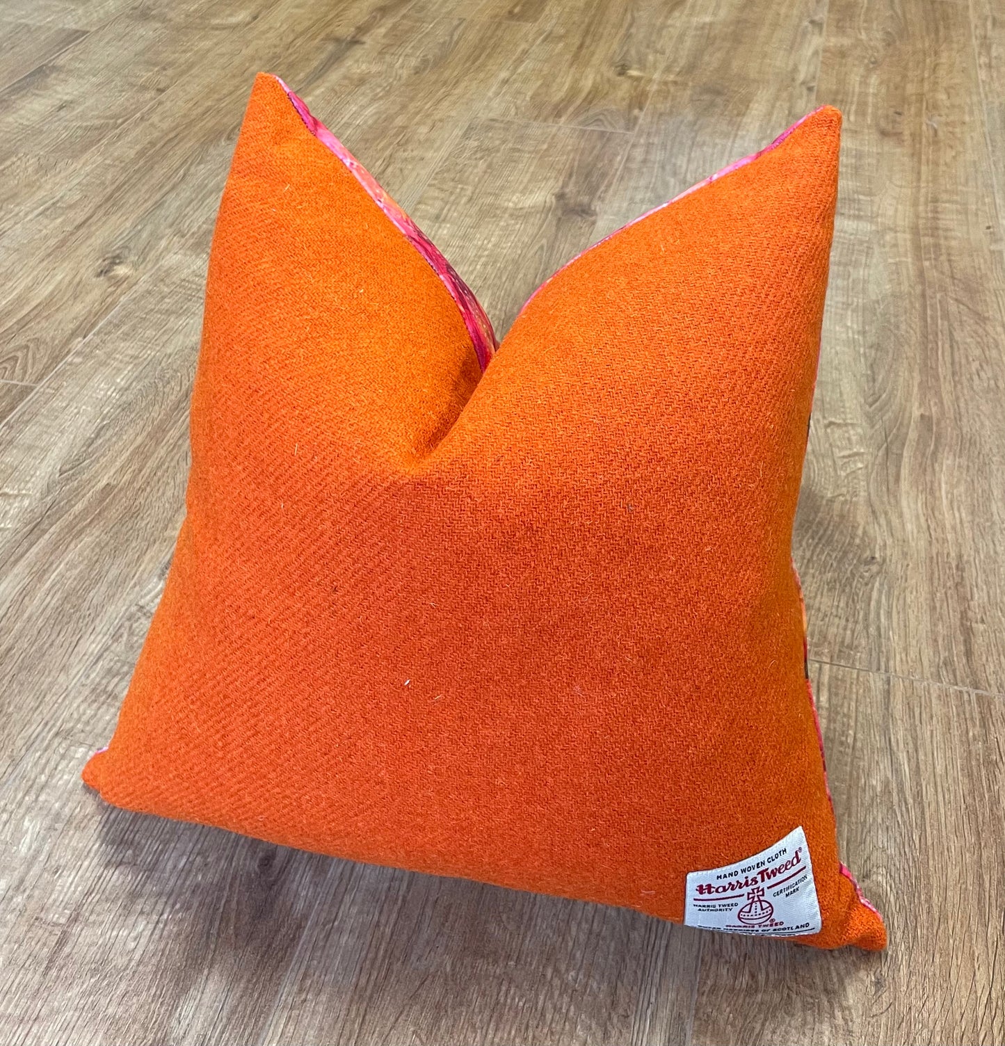 Fire Velvet and Orange Harris Tweed Cushion, Handmade, 18”