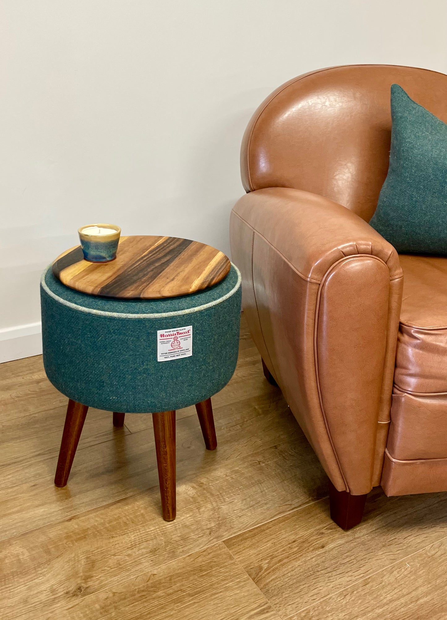 Deep Green Harris Tweed End Table with Light Green Piping and Removable Wooden Top