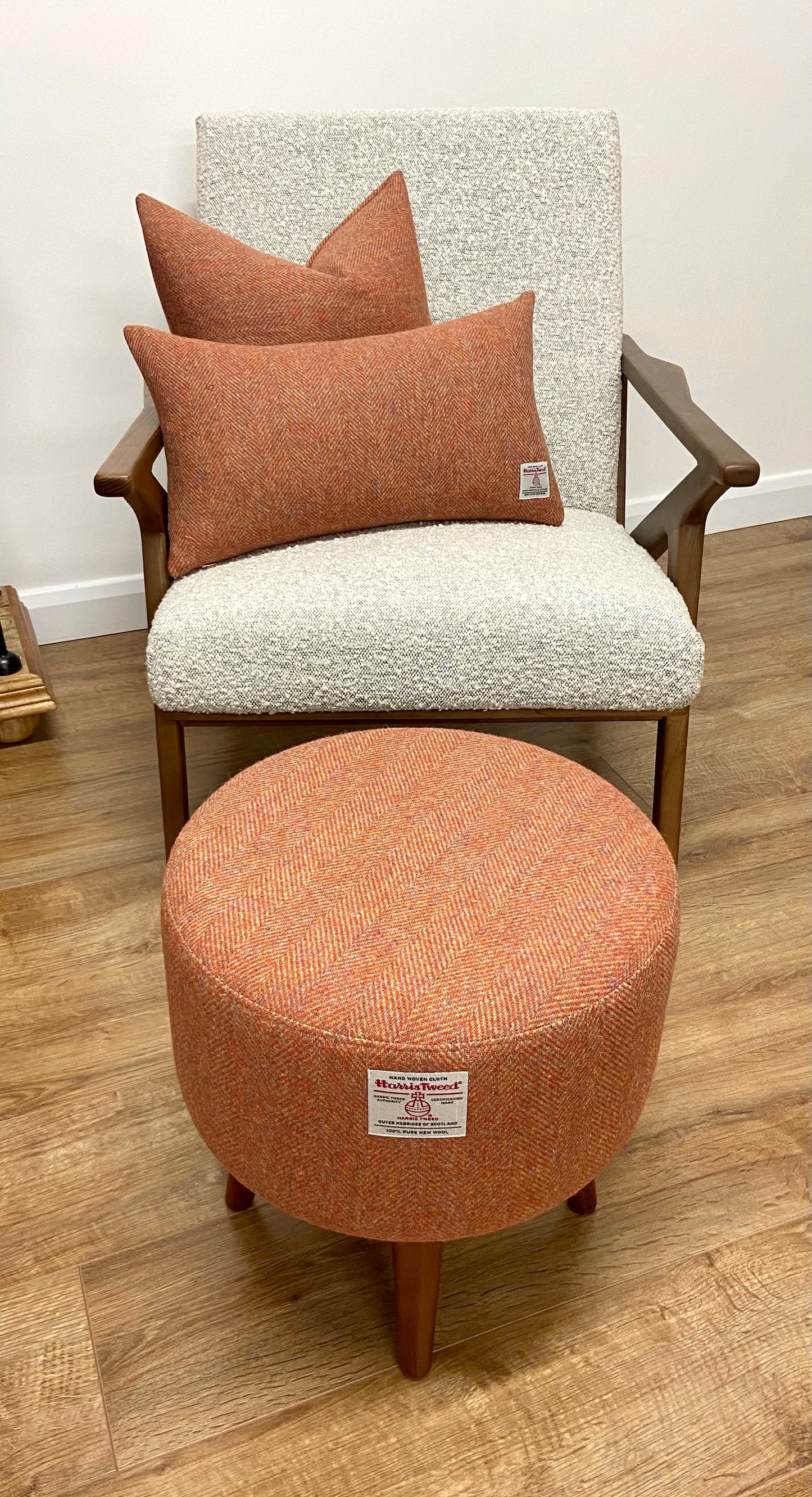 Rust / Burnt Orange Footstool: Harris Tweed, Dark Varnished Wooden Legs