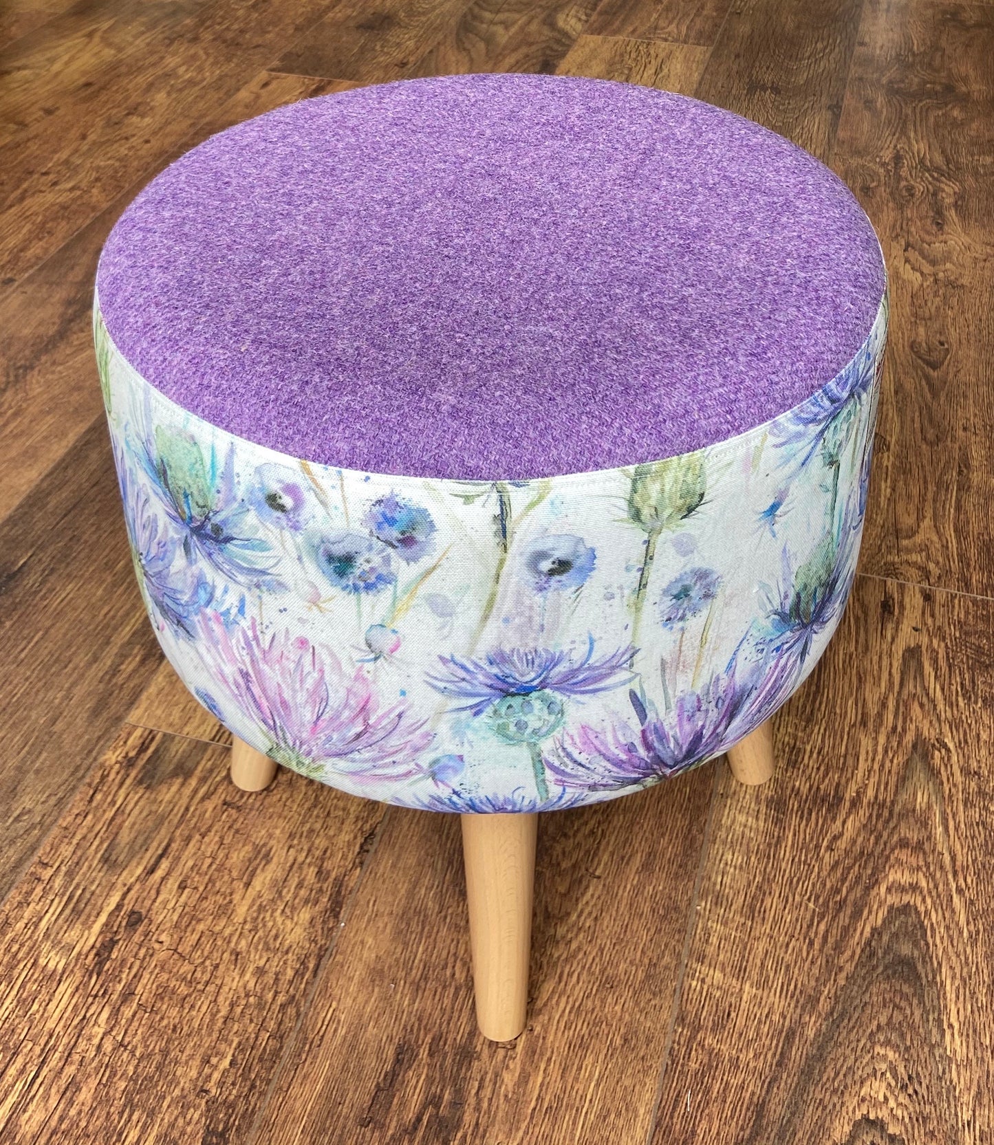 Watercolour Thistle Footstool with Lilac Harris Tweed and Varnished Wooden Legs