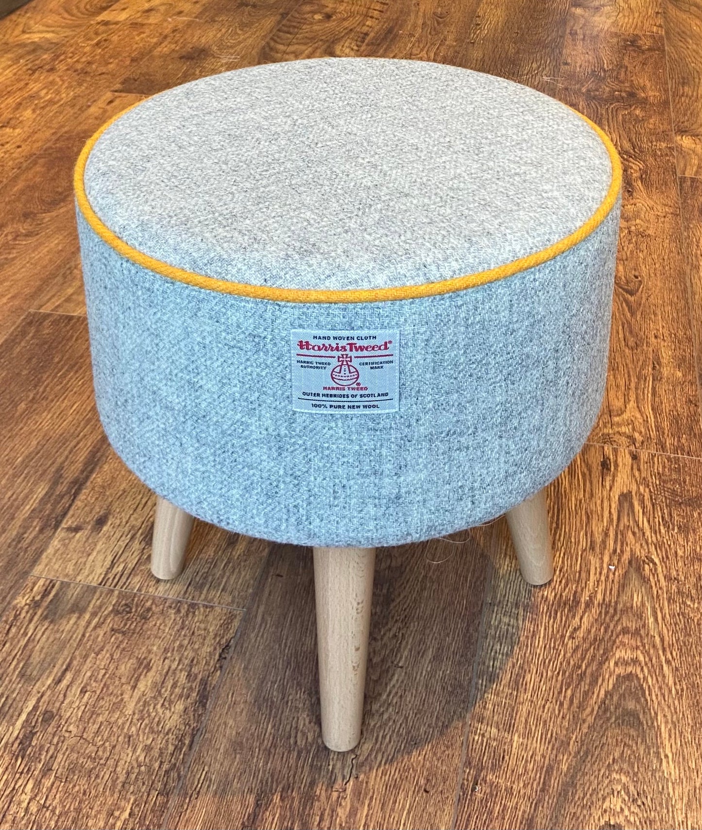 Grey Harris Tweed Footstool with Yellow Piping and Varnished Wooden Legs