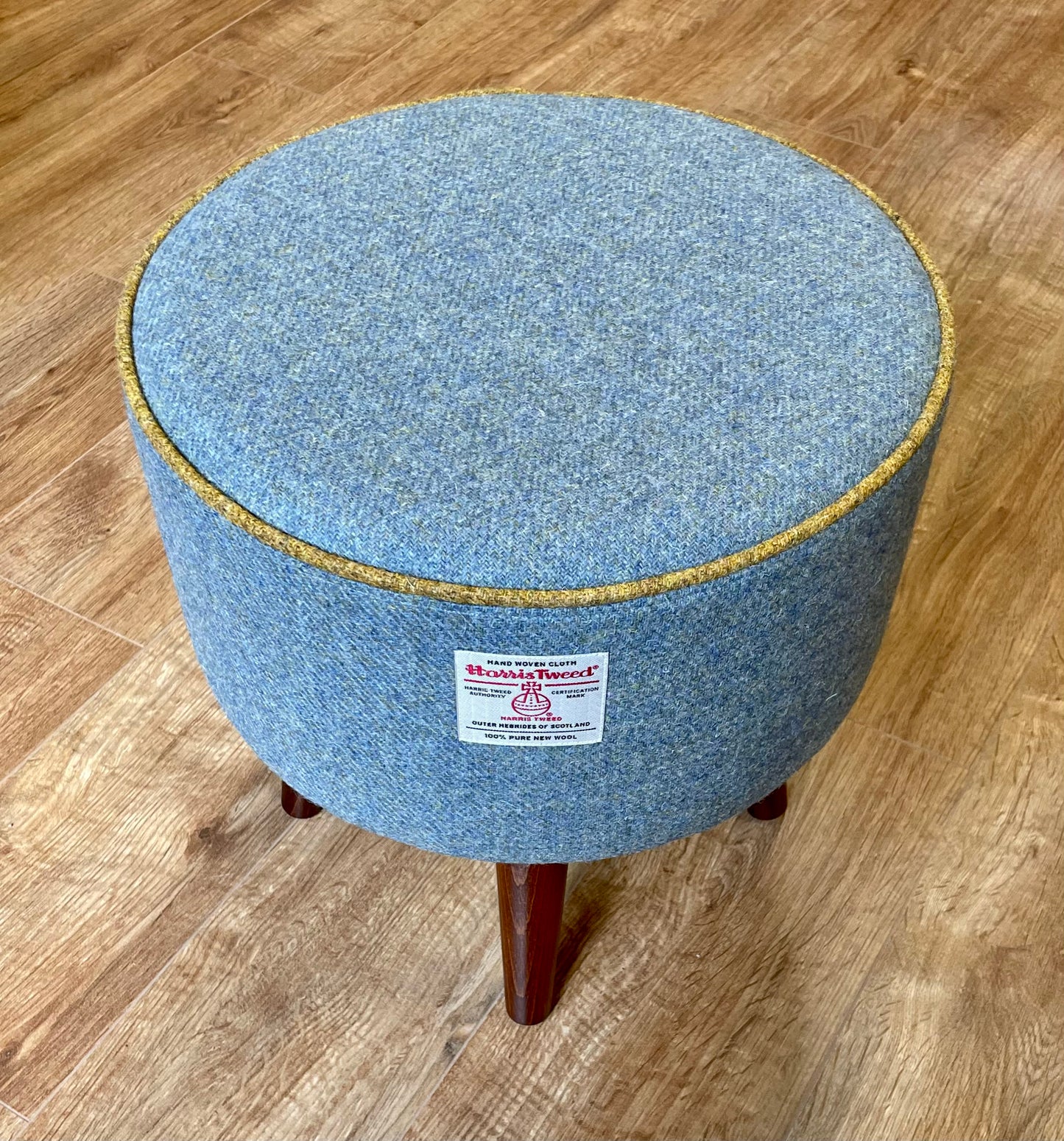 Sky Blue Harris Tweed Footstool with Mustard Piping and Dark Varnished Wooden Legs