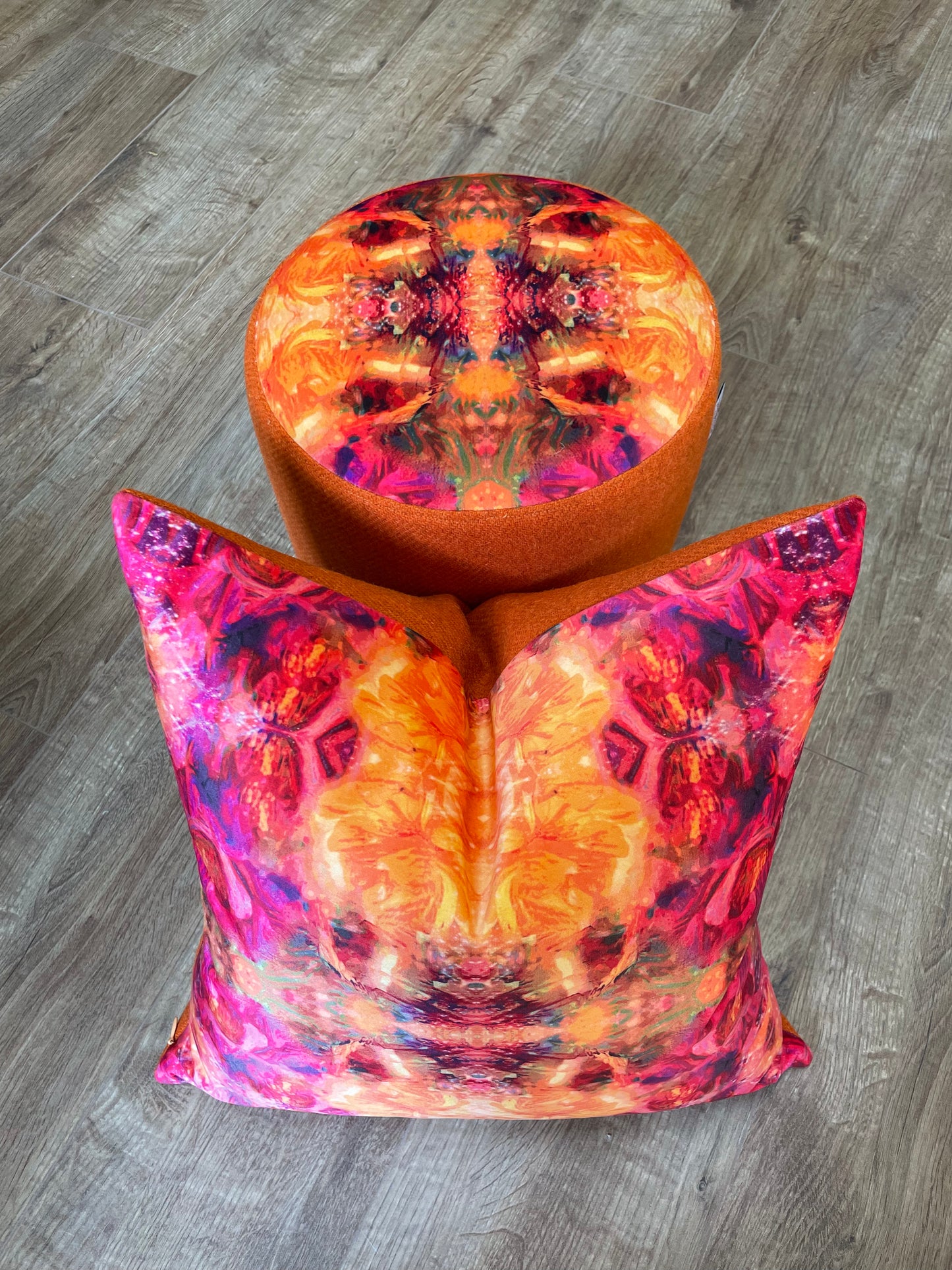 Fire Velvet and Bright Pink Harris Tweed Cushion, Handmade, 18”