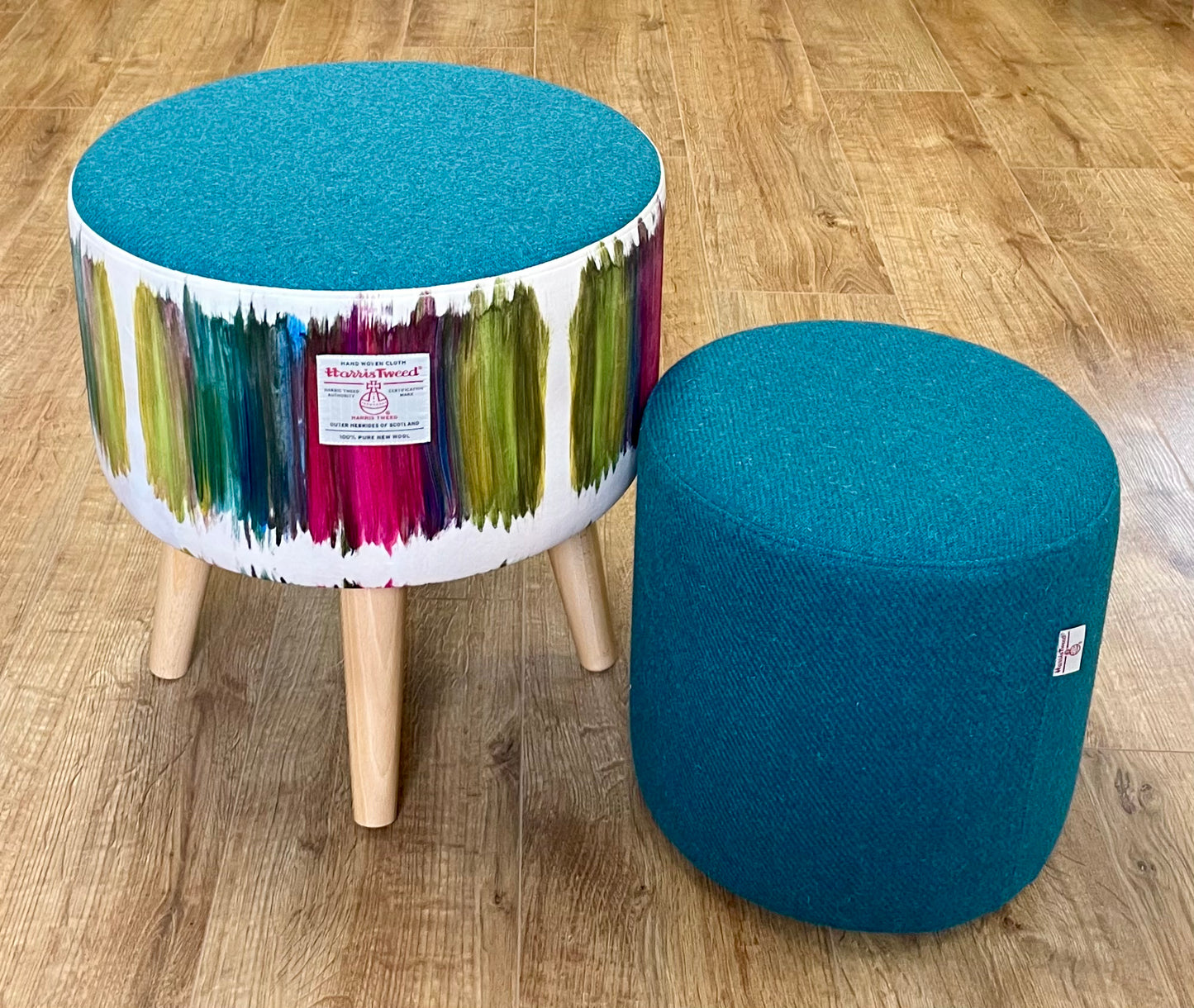 Teal Harris Tweed Footstool with Varnished Wooden Legs