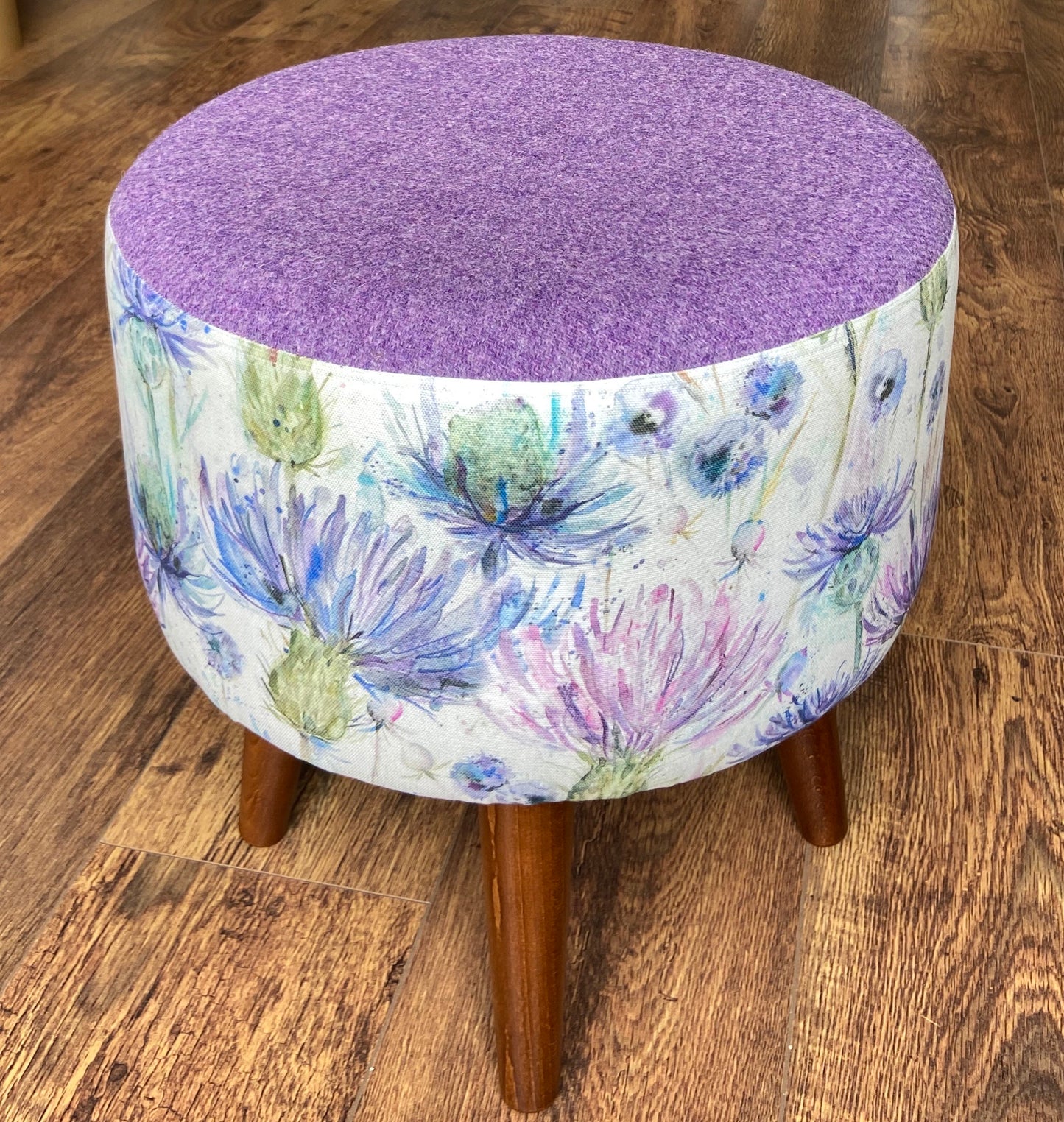 Watercolour Thistle Footstool with Lilac Harris Tweed and Varnished Wooden Legs