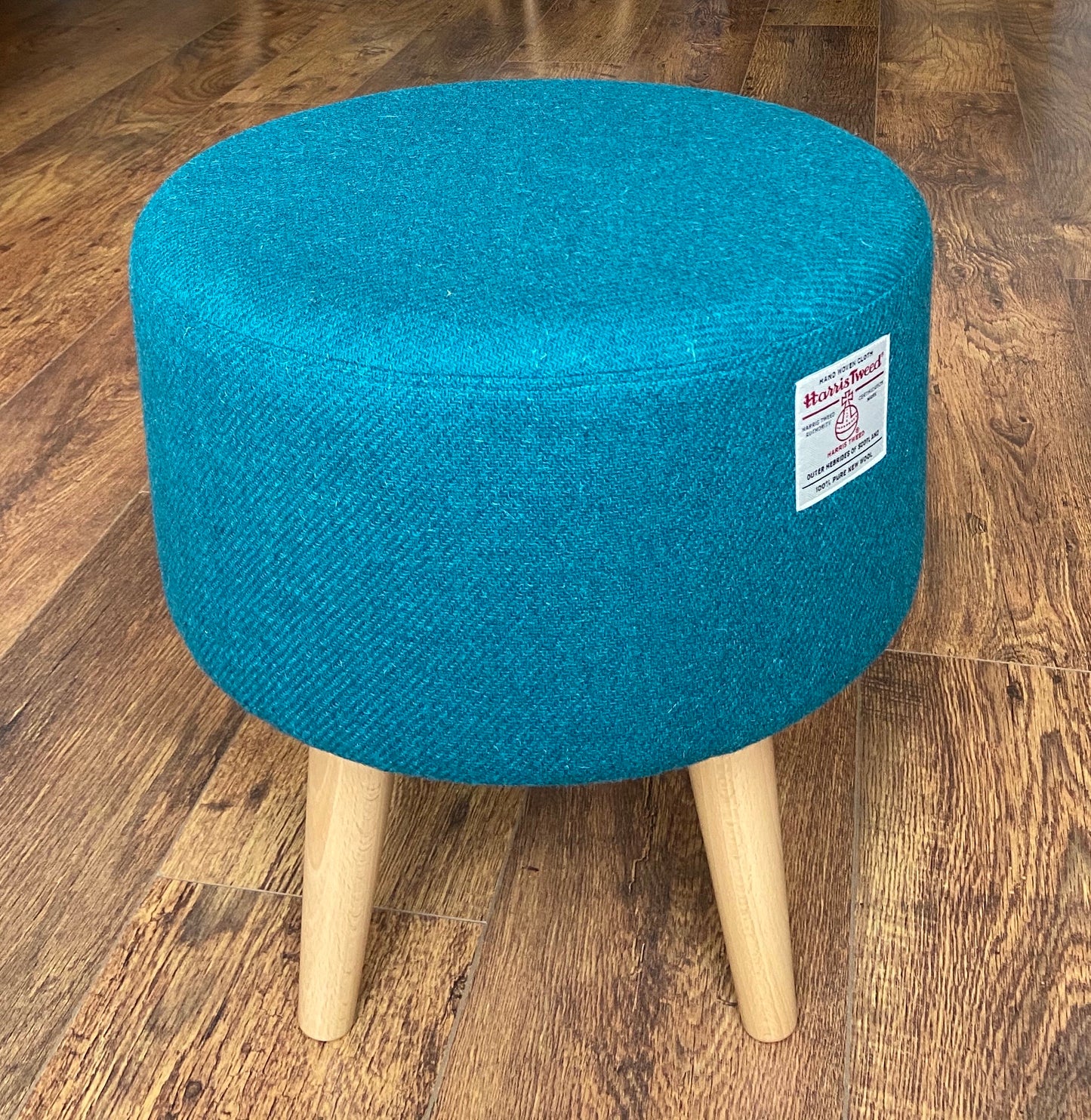 Teal Harris Tweed Footstool with Varnished Wooden Legs