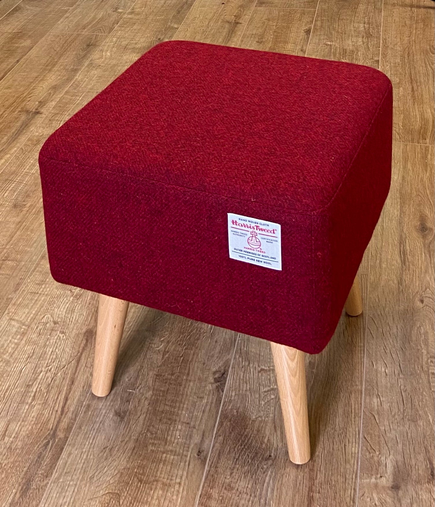 Red Harris Tweed Square Footstool with Dark Varnished Wooden Legs
