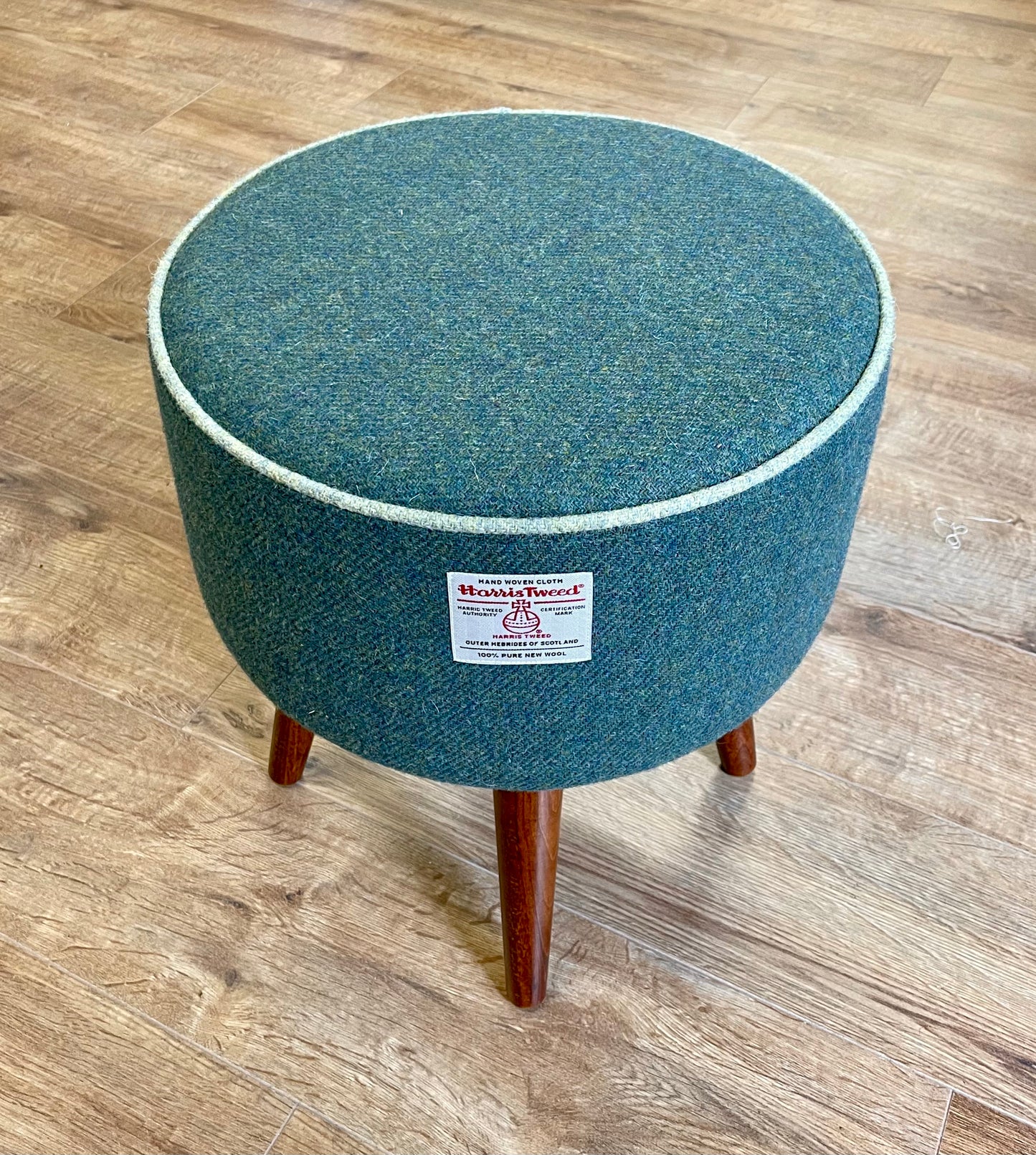 Deep Green Harris Tweed Footstool with Light Green Piping