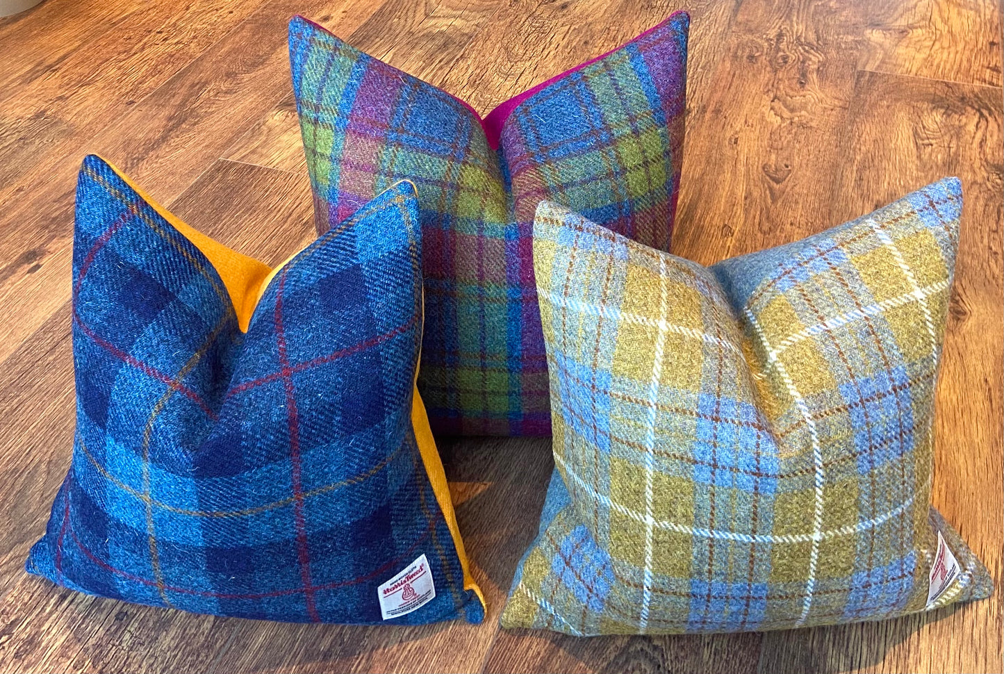 Blue Tartan and Yellow Piped Harris Tweed Footstool with Dark Varnished Wooden Legs