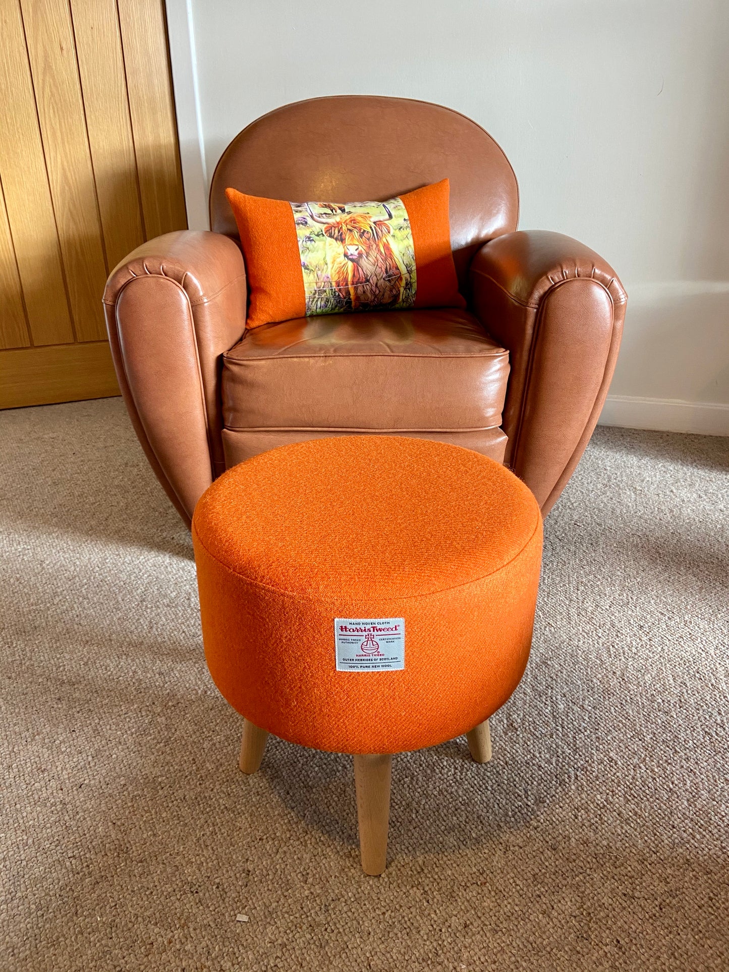 Upholstered Orange Harris Tweed Footstool with Varnished Wooden Legs