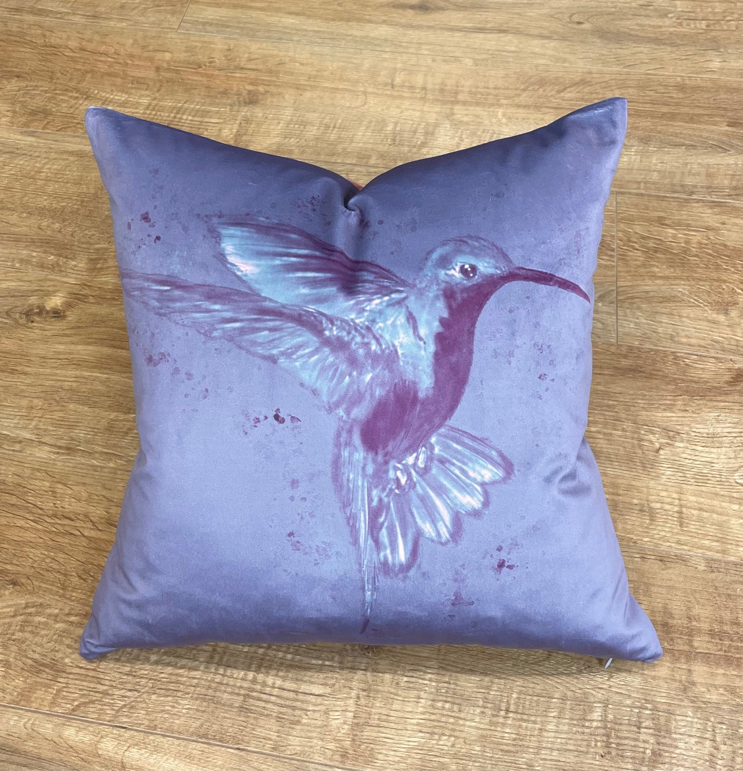 Deep Purple Hummingbird Velvet and Pink Harris Tweed Cushion 18”