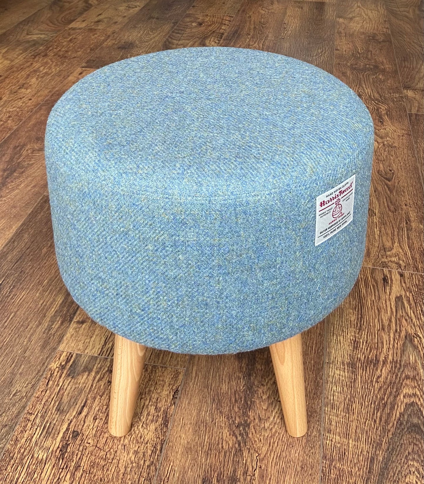 Light Blue Harris Tweed Round Footstool with Varnished Wooden Legs