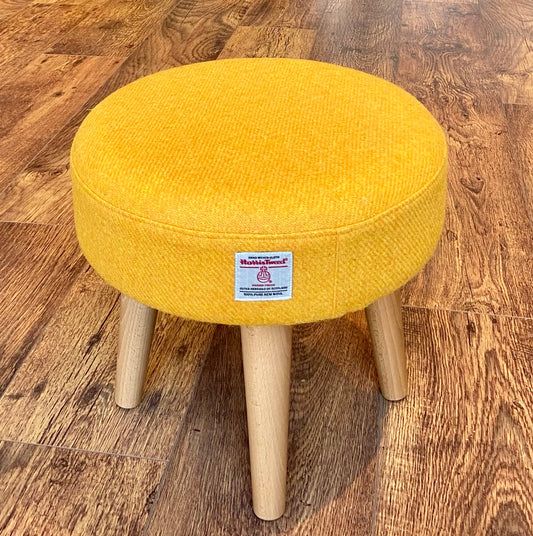 Yellow Harris Tweed Footstool with Varnished Wooden Legs