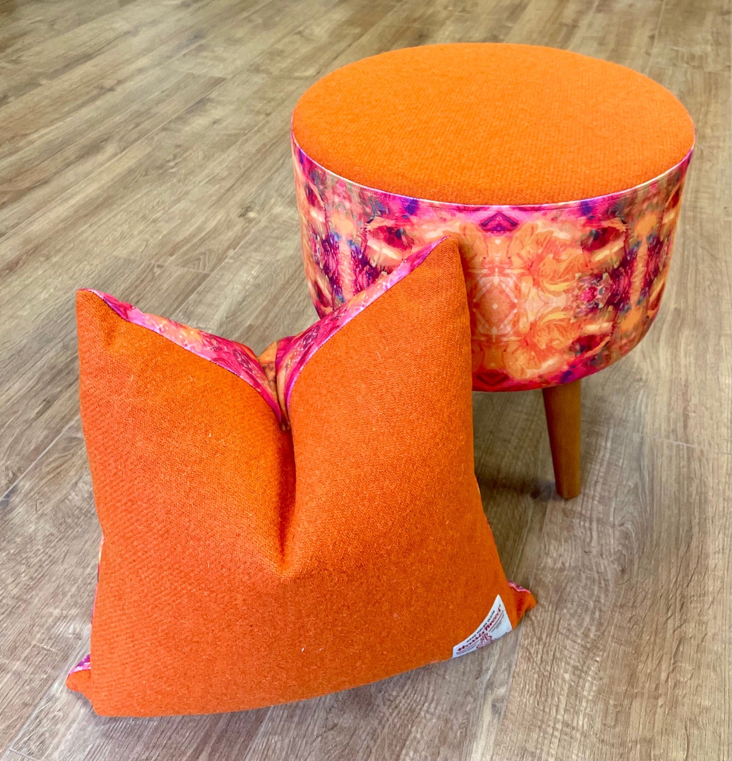 Fire Velvet and Orange Harris Tweed Cushion, Handmade, 18”