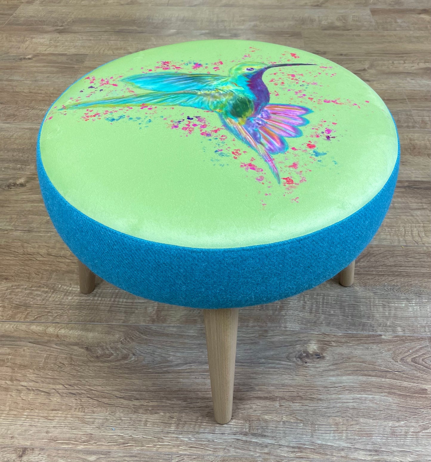 Rainbow Hummingbird Velvet and Turquoise Harris Tweed Wide Round Footstool