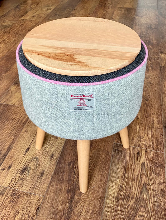 End Table, Grey Harris Tweed with Pink Piping and Removable Wooden Top