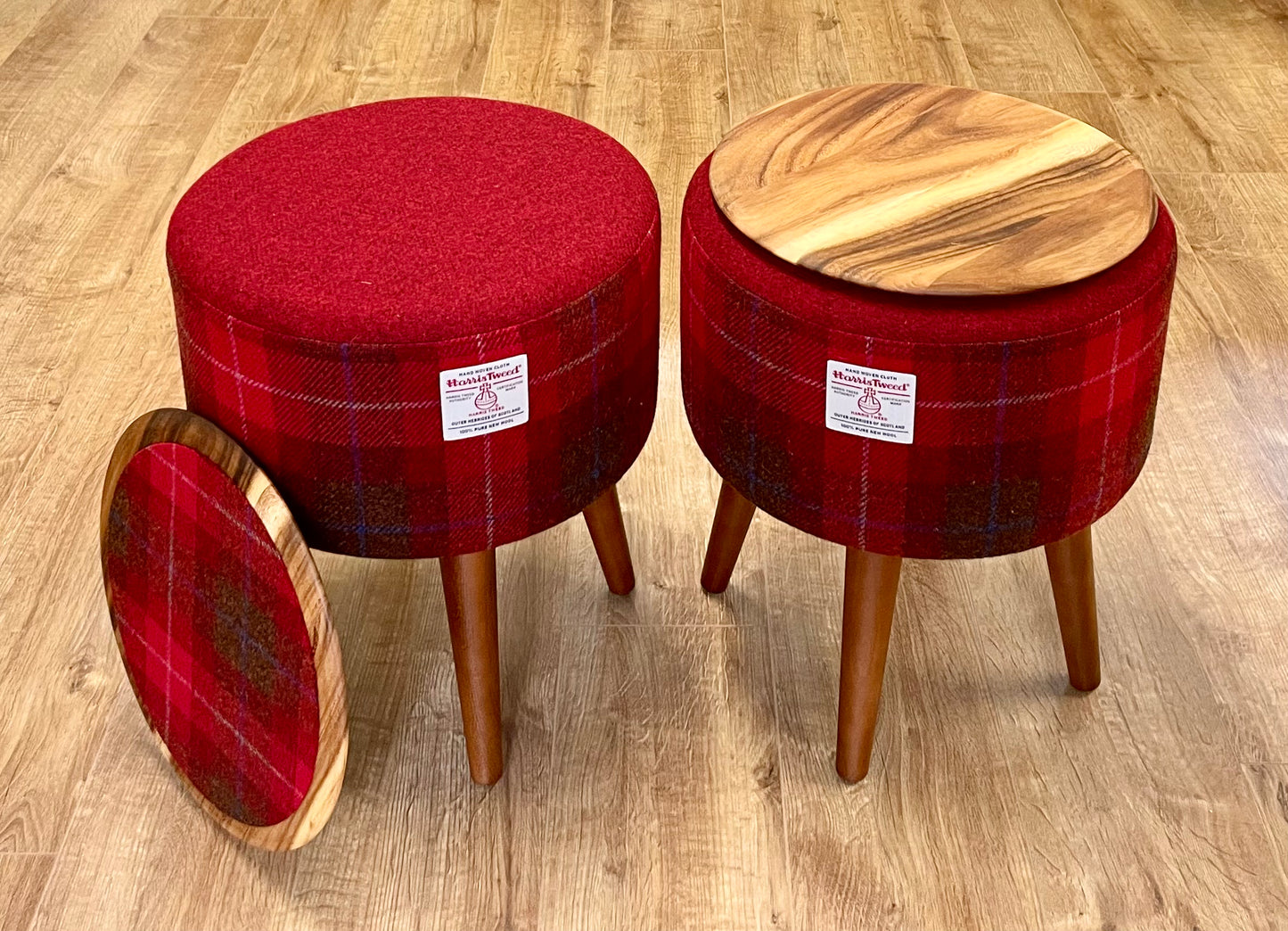 Red Harris Tweed Footstool with Varnished Light Wooden Legs