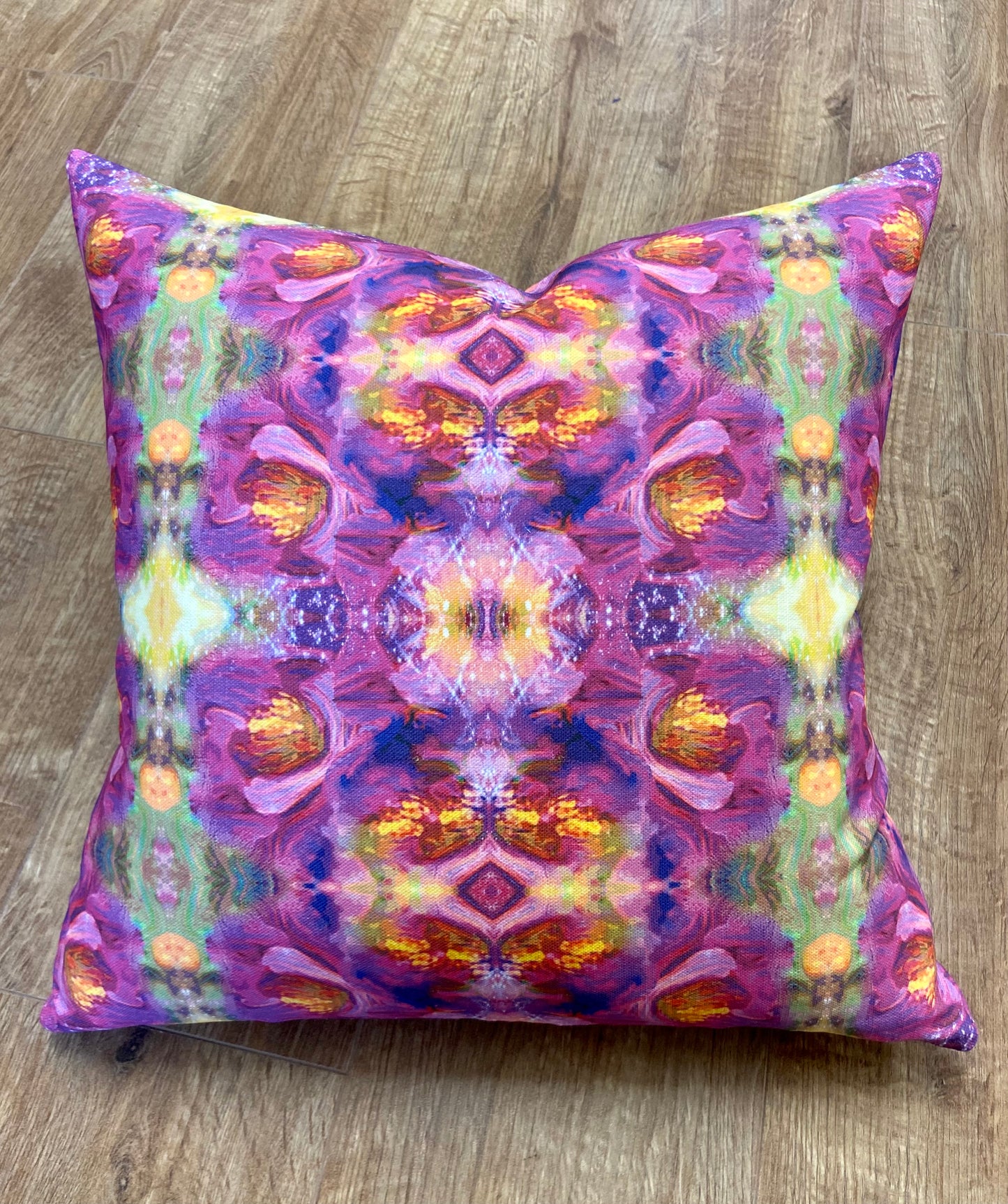 Colourful Abstract Printed Linen and Fuchsia Harris Tweed Statement Cushion, Handmade, 18”
