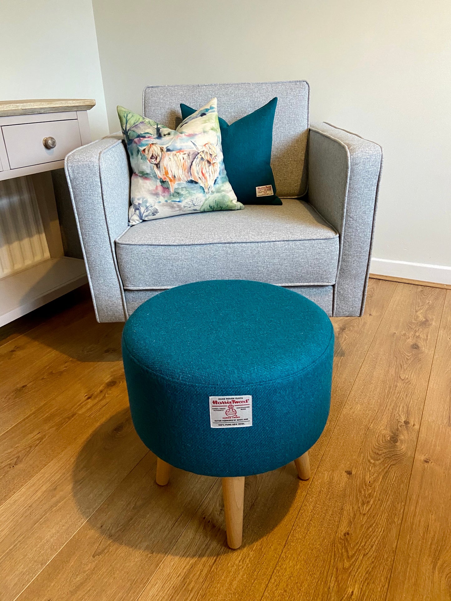 Teal Harris Tweed Footstool with Varnished Wooden Legs