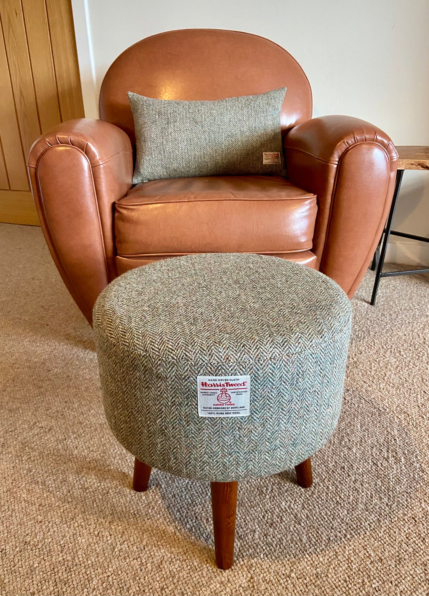 Brown Green Harris Tweed Herringbone Footstool with Dark Varnished Wooden Legs