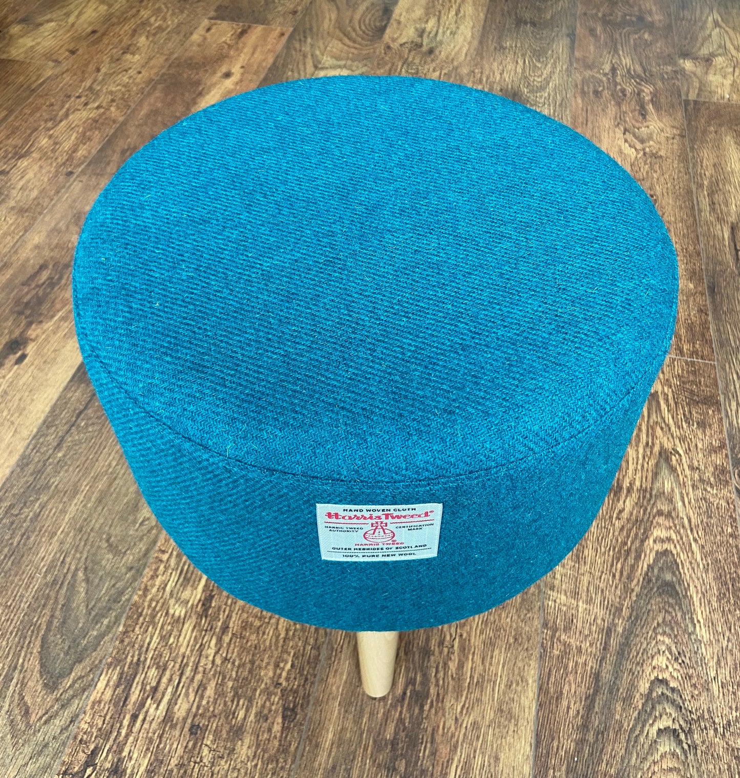 Teal Harris Tweed Footstool with Varnished Wooden Legs