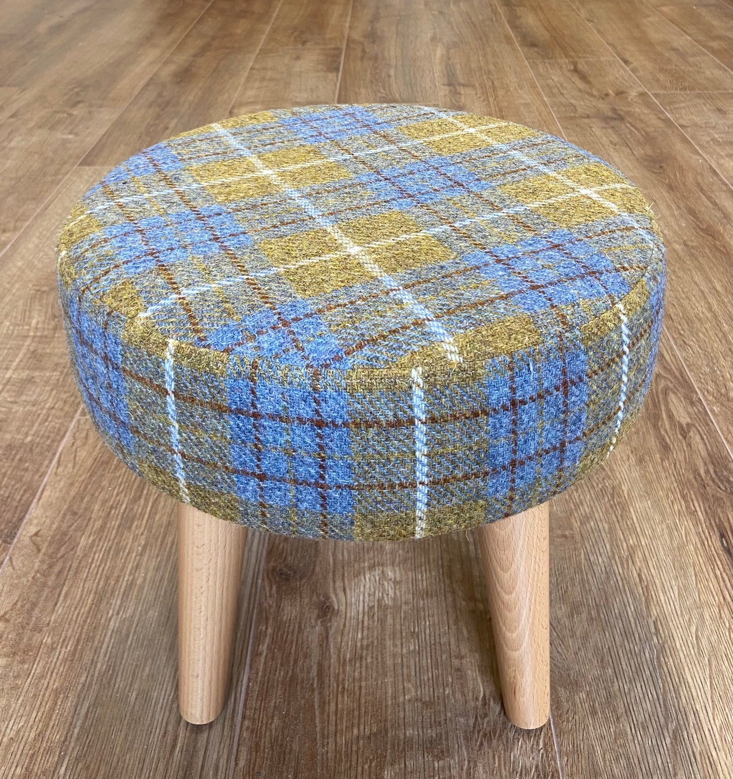 Mustard Tartan Harris Tweed Footstool with Varnished Light Wooden Legs