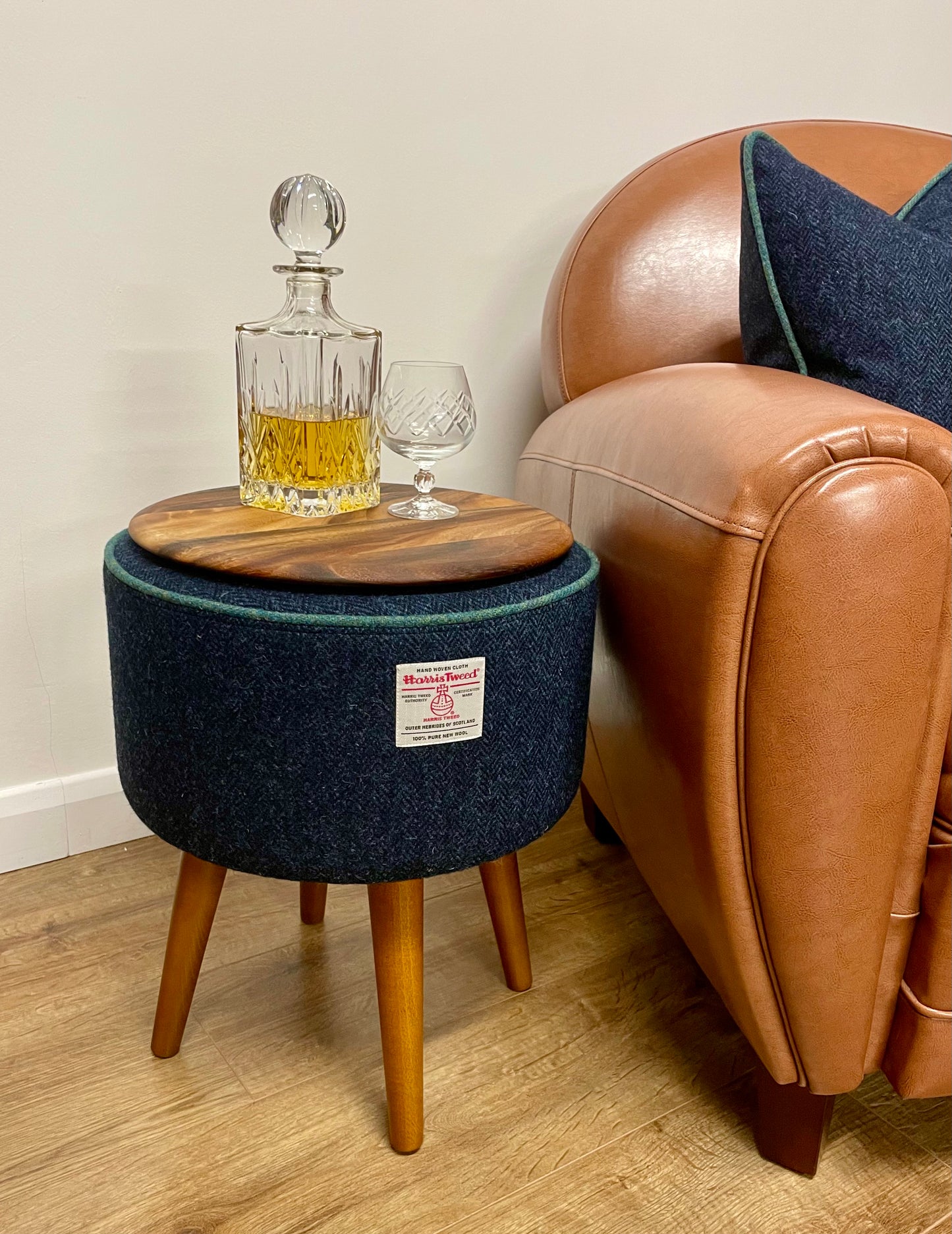 End Table, Navy Harris Tweed with Green Piping and Removable Wooden Top