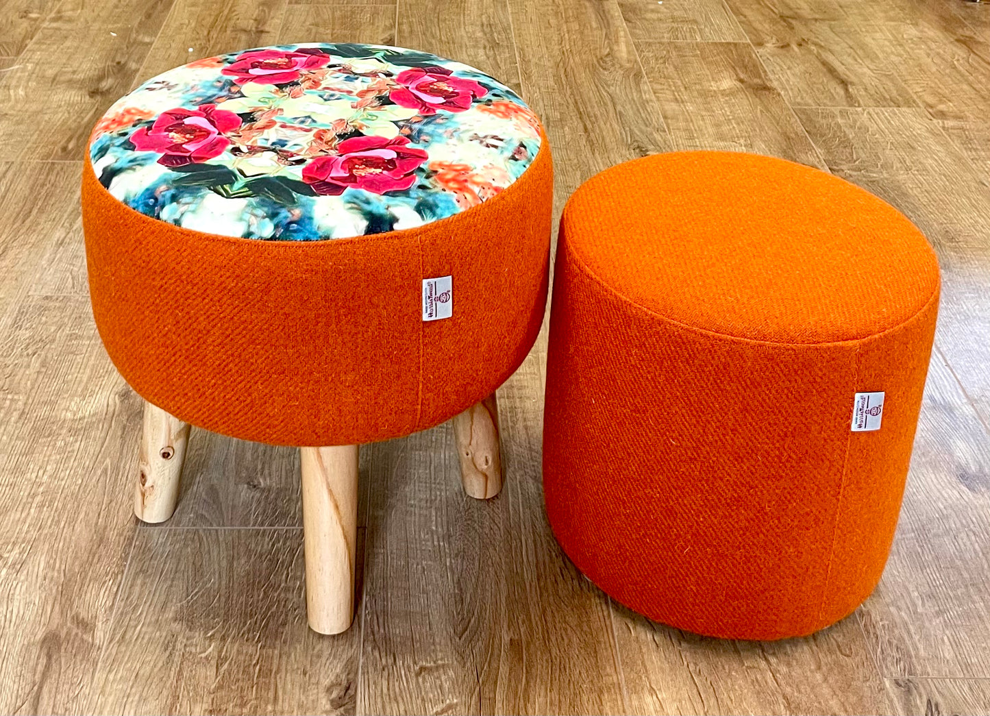 Red Rose Velvet and Orange Harris Tweed Upholstered Footstool with Light Rustic Wooden Legs.