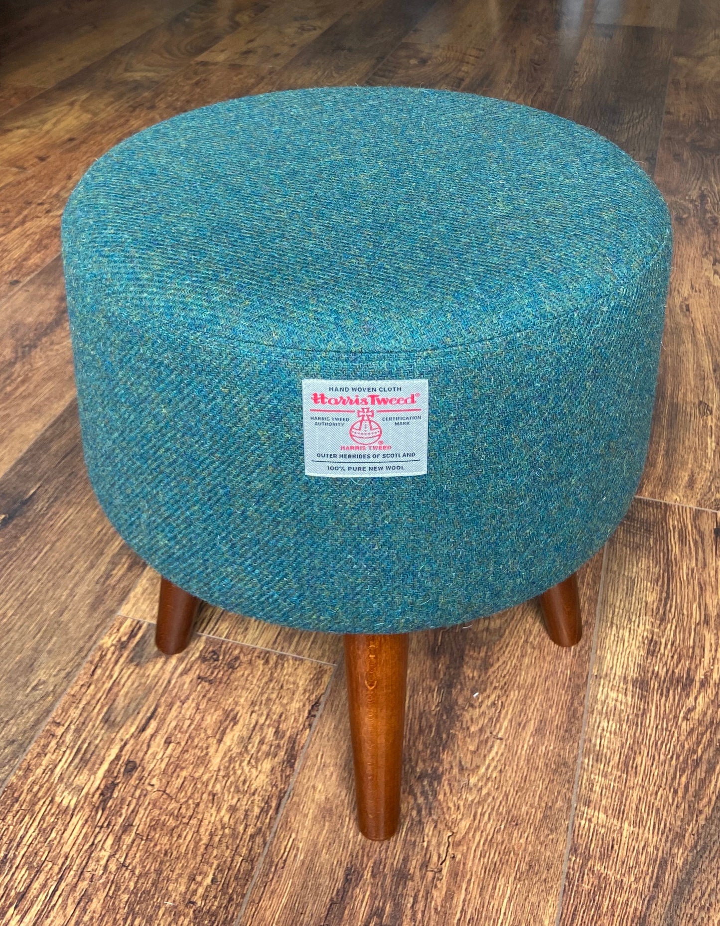 Green Harris Tweed Footstool with Dark Varnished Wooden Legs