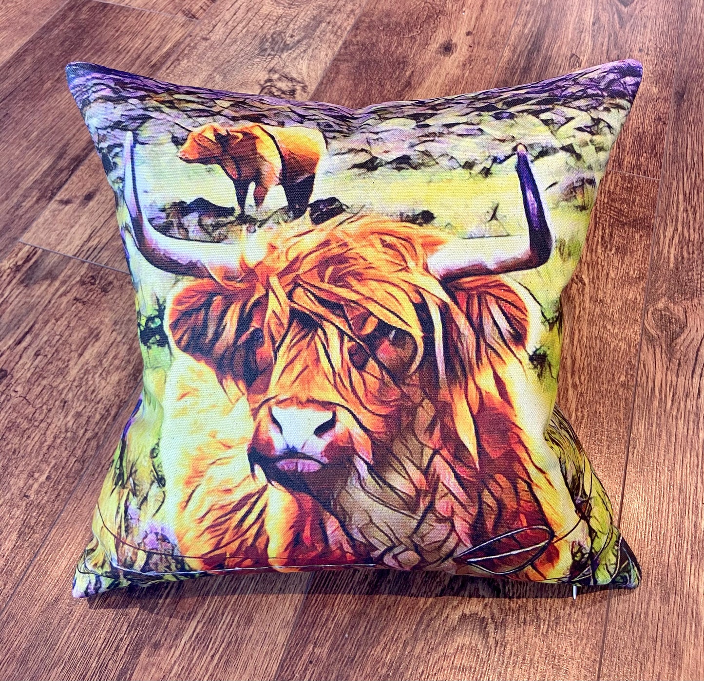 Organic Cotton Highland Cow and Brown Harris Tweed Cushion, Handmade, 16”