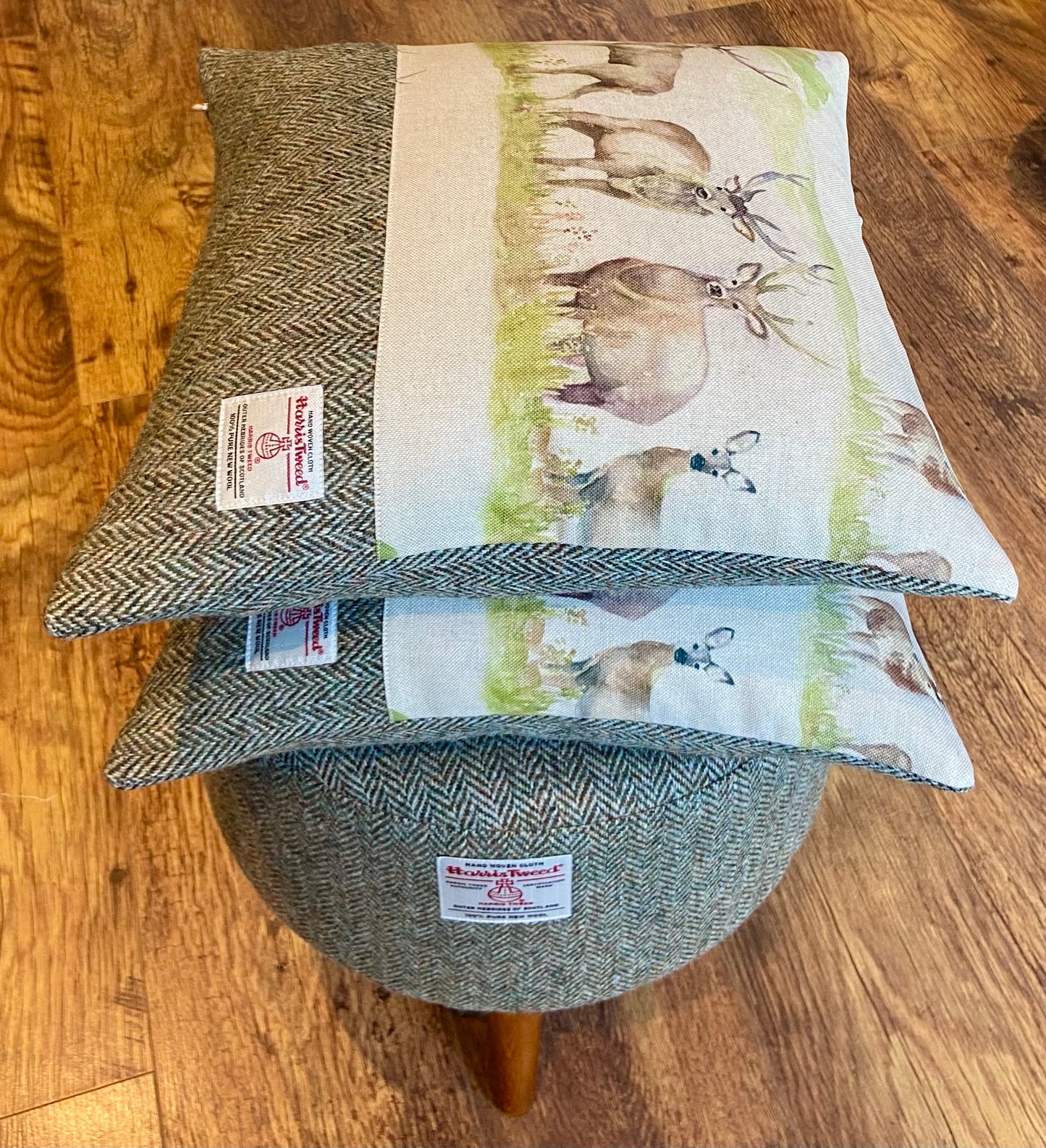 Brown Green Harris Tweed Herringbone Footstool with Dark Varnished Wooden Legs