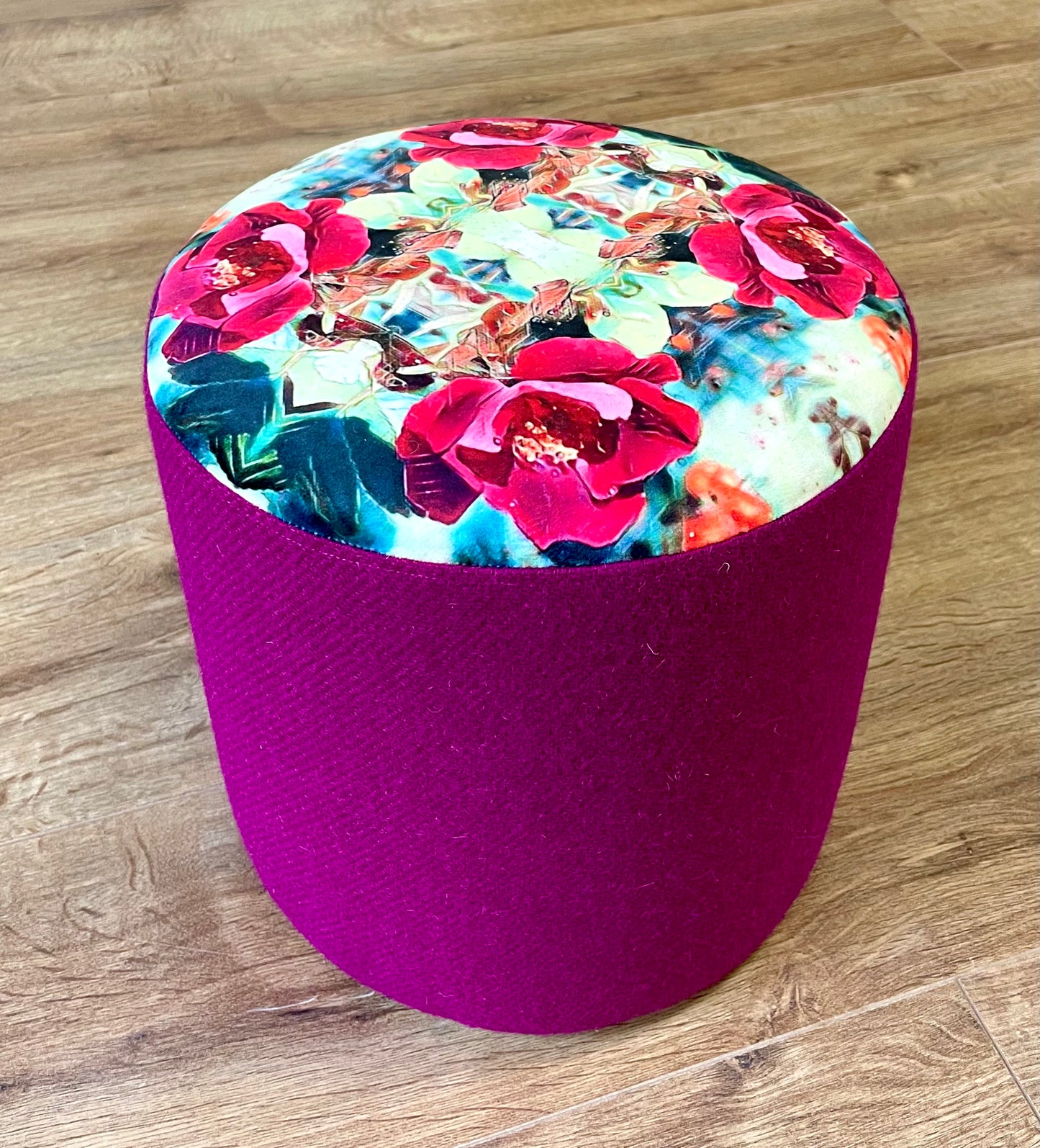 Red Rose Velvet and Fuchsia Harris Tweed Small Floating Footstool