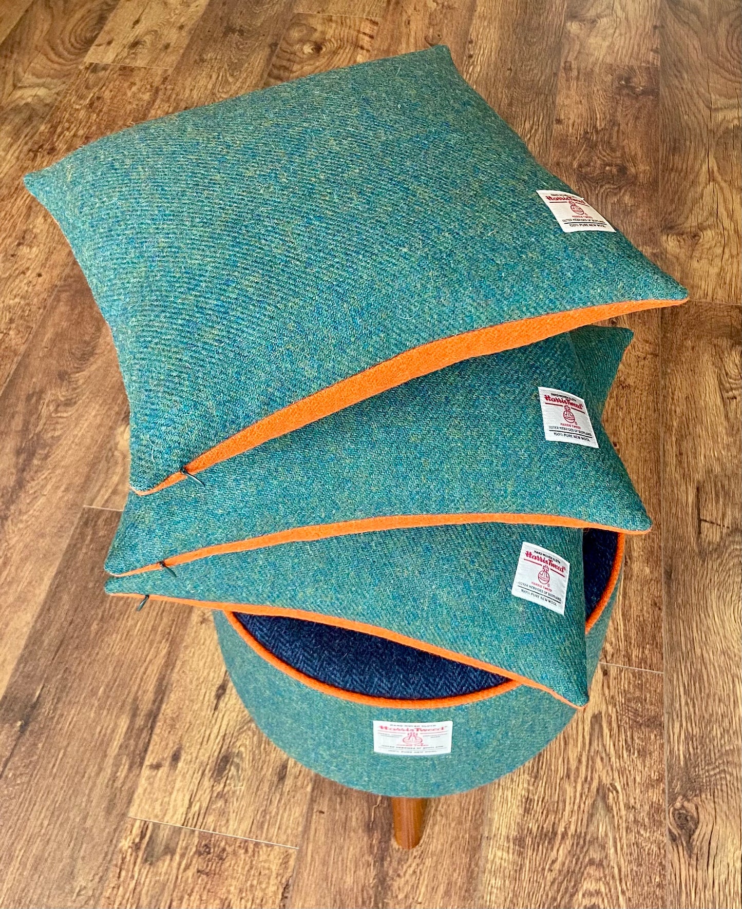 Green and Blue Harris Tweed Footstool with Orange Piping and Dark Varnished Wooden Legs