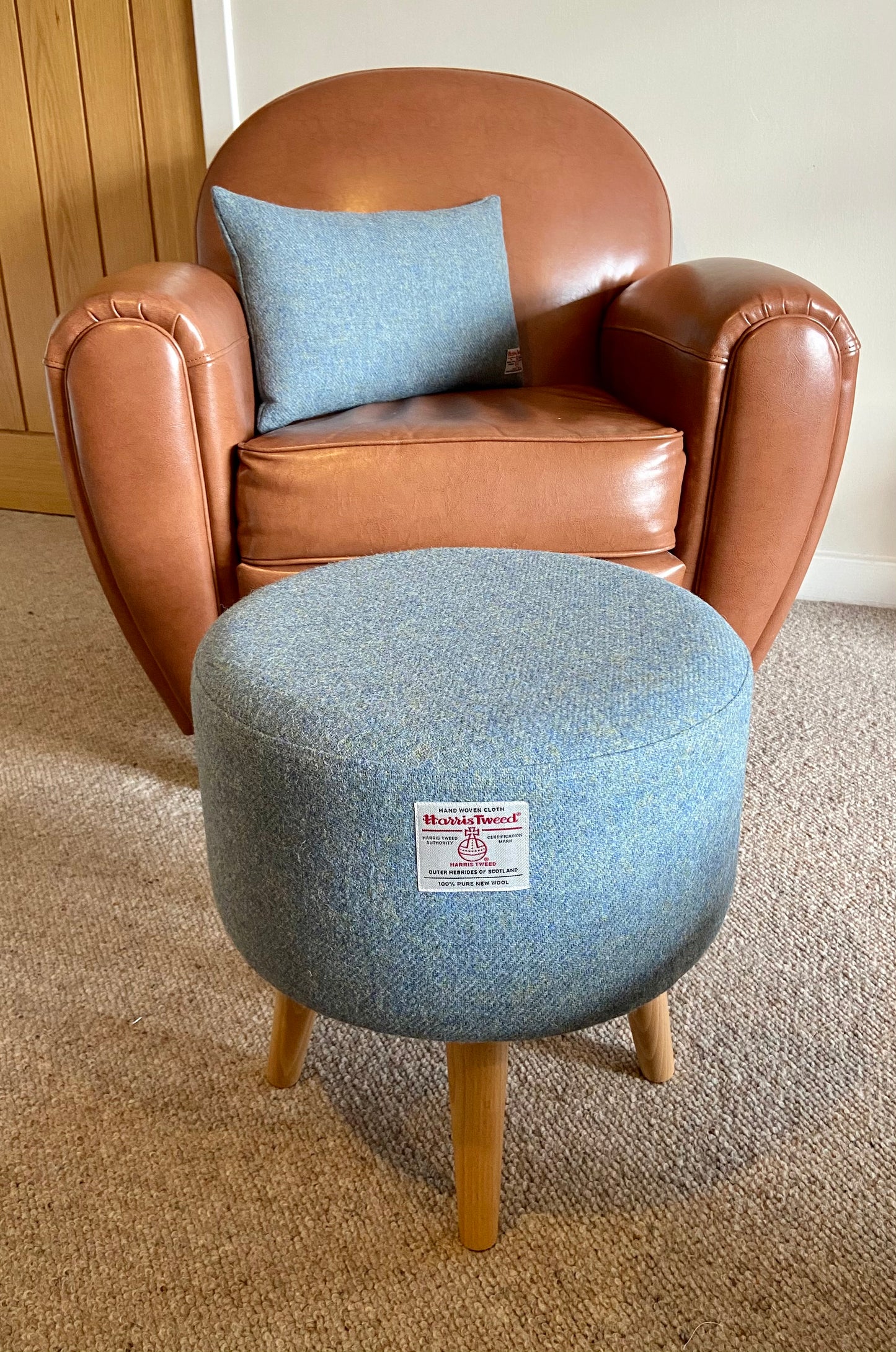 Light Blue Harris Tweed Round Footstool with Varnished Wooden Legs