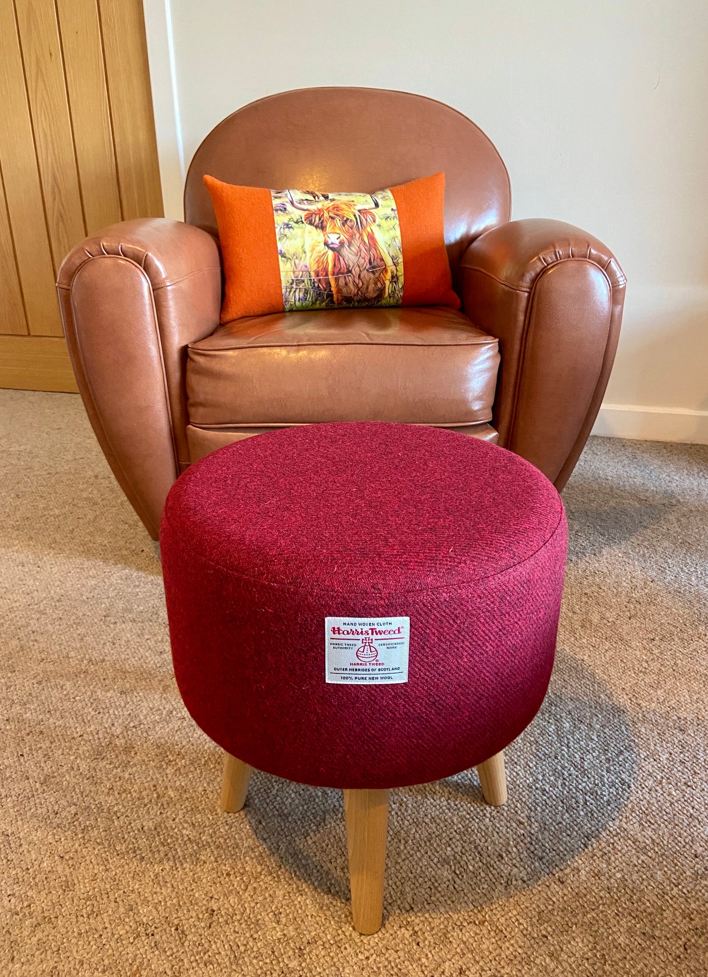 Red Harris Tweed Footstool with Varnished Light Wooden Legs