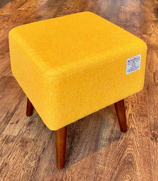 Yellow Square Footstool, Harris Tweed with Dark Varnished Wooden Legs