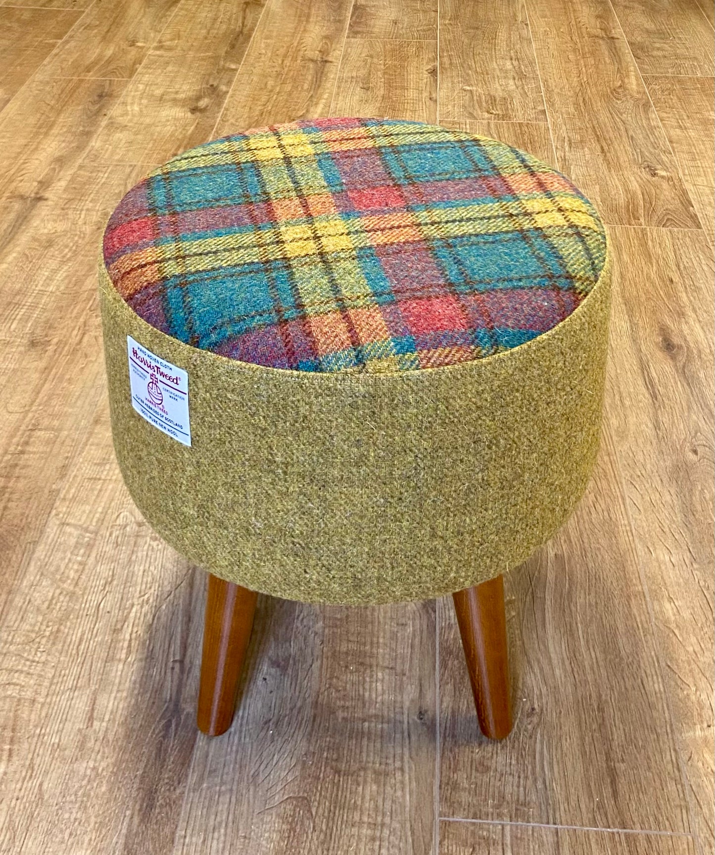 Mustard, Green and Red Tartan Harris Tweed Footstool with Dark Varnished Wooden Legs