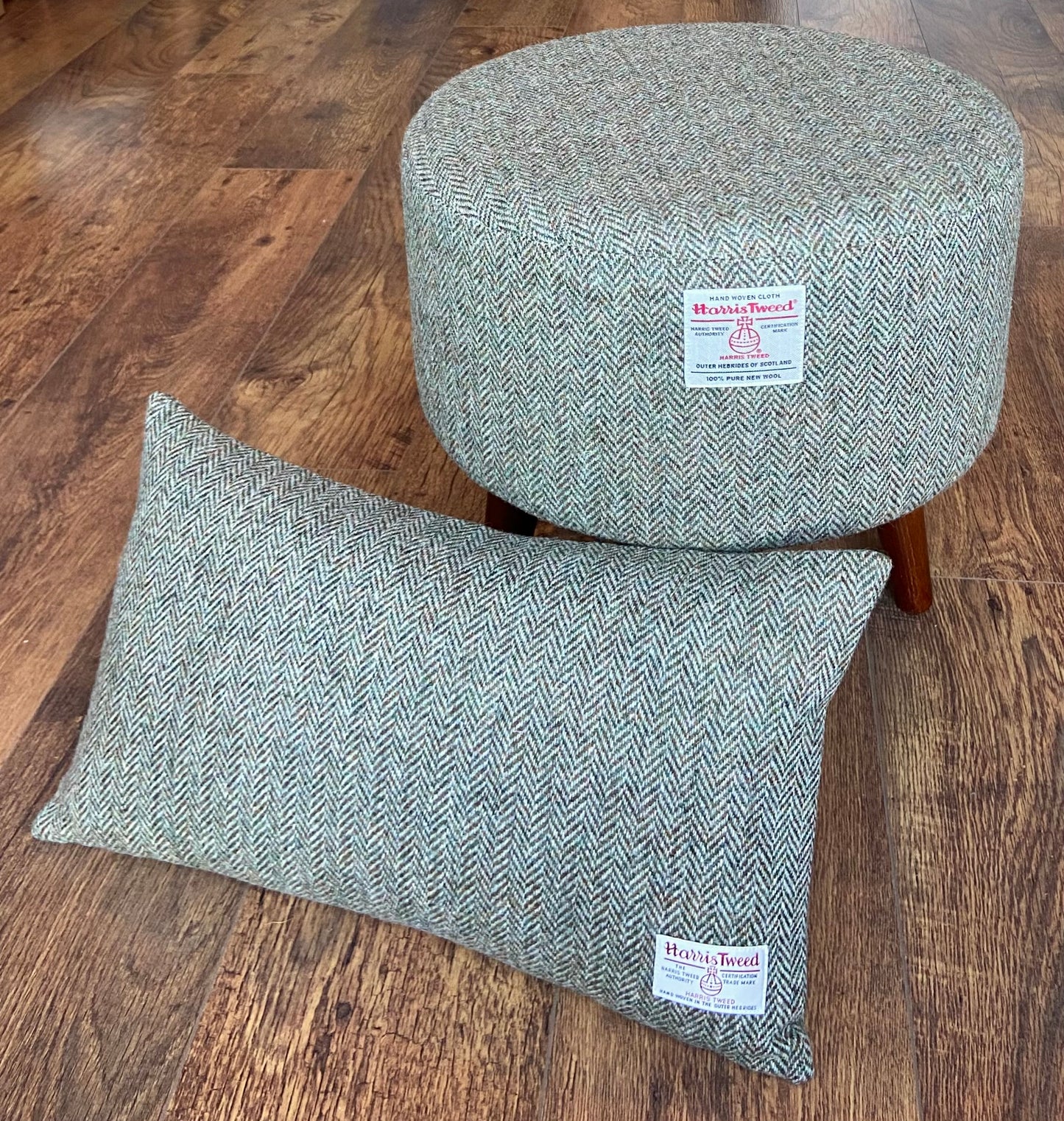 Brown Green Harris Tweed Herringbone Footstool with Dark Varnished Wooden Legs