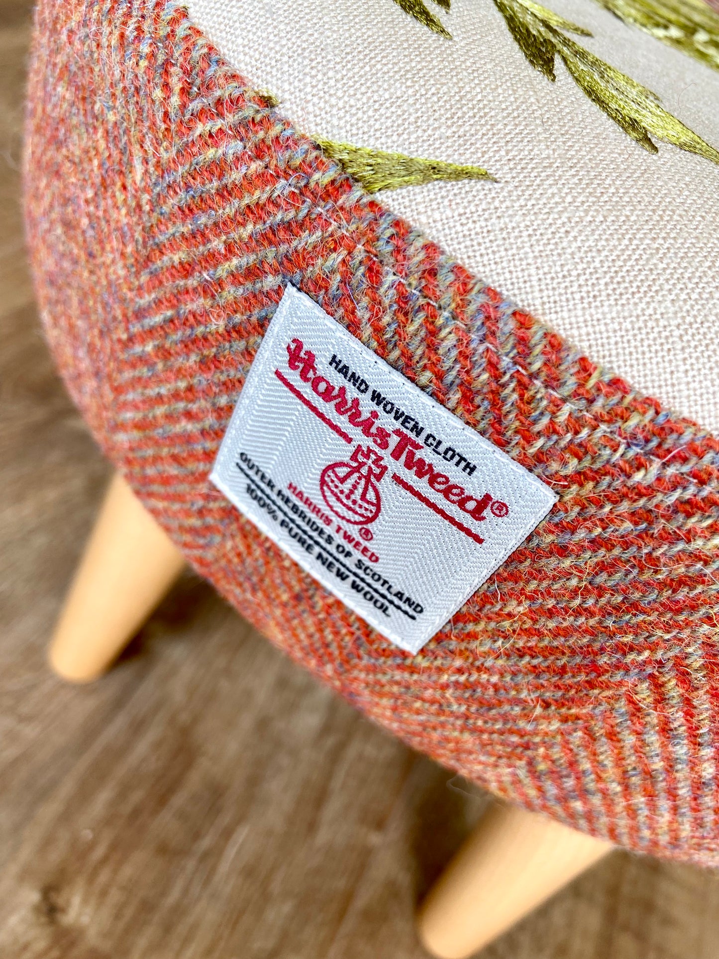 Burnt Orange Embroidered Thistle and Harris Tweed Footstool with Varnished Wooden Legs